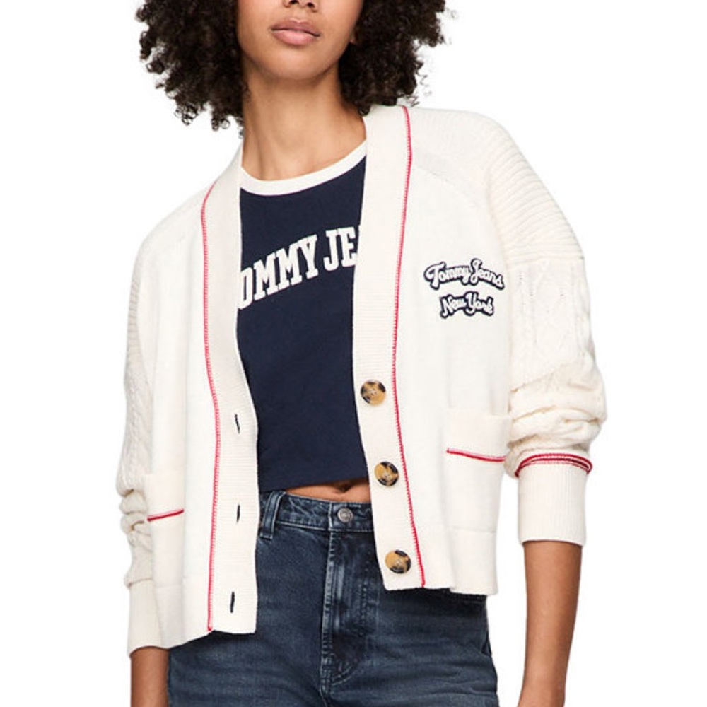 Tommy Jeans Women's Prep Cotton Varsity Embroidered Cable-Knit Cardigan